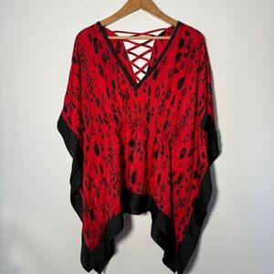 BNWT Bebe Club Tropicana Kimono Tunic Red‎ Black Leopard Print Lace Up XS